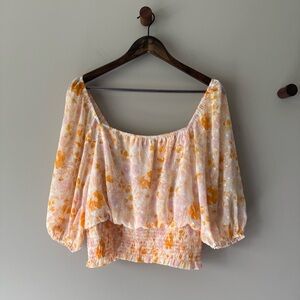 LUSH FLORAL PRINT SMOCKED WAIST PUFF SLEEVE TOP MANGO PINK FLORAL LARGE